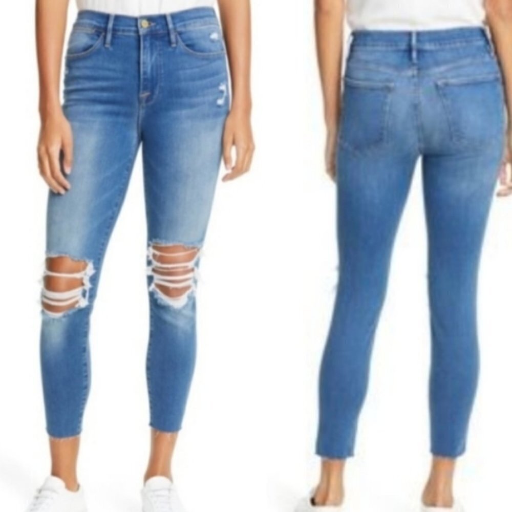 ☀️ FRAME DENIM Dark Wash Gaby Le High Skinny Crop Jeans 28 Distressed Stretchy
